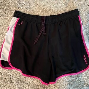 Reebok Women's Black and White Shorts with Pink Trim - breast cancer awareness